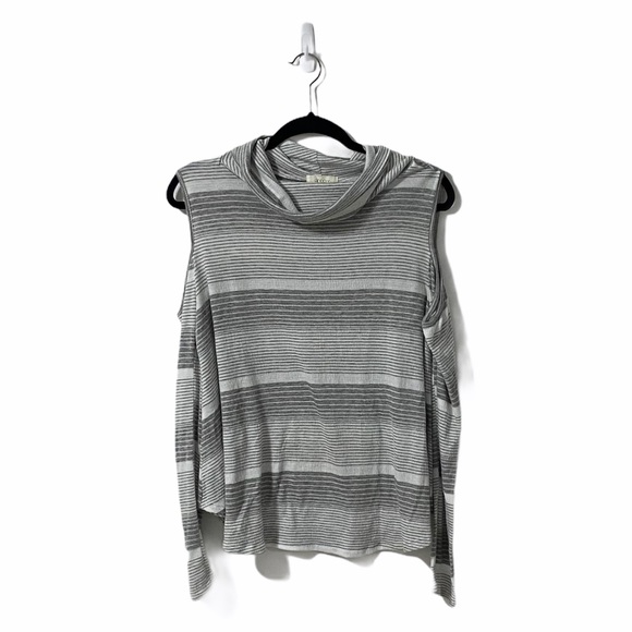 Hopely Long Sleeve Cold Shoulder Striped Grey Top - Picture 1 of 7